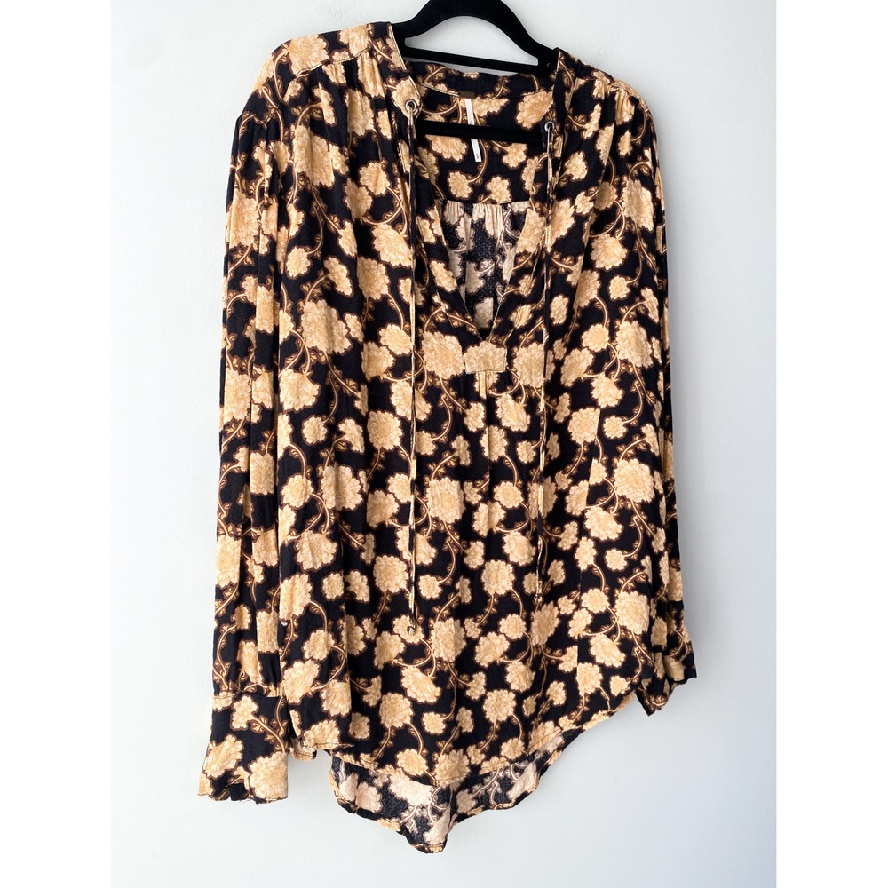 Free People Mia Floral Tunic Top S Peasant Black Brown Boho Festival Oversized - Picture 4 of 13
